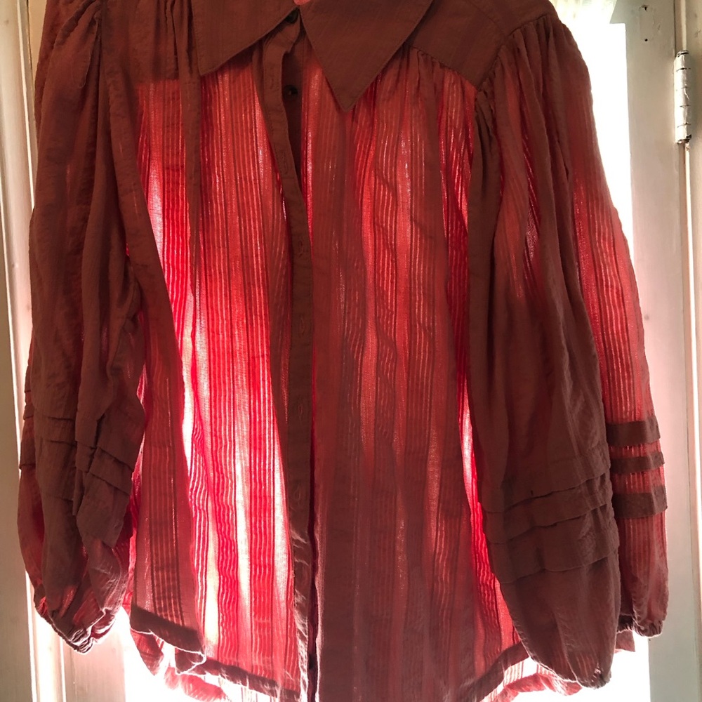Free People Sheer Button-Down Blouse in Rust